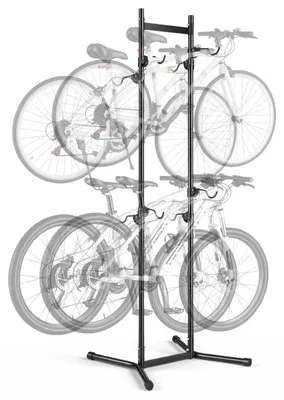 Produktbild von SucceBuy Vertikaler Fahrradständer für 4 Fahrräder, Schwarz, aus robustem Kohlenstoffstahl, mit höhenverstellbaren Haken, freistehend und ohne Bohren, maximale Tragkraft 70 kg, geeignet für MTB und Rennräder