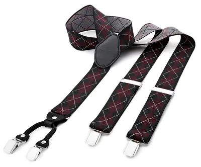 Produktbild von DonDon® Herren Hosenträger breit 3,5 cm - 4 Clips mit Leder in Y-Form - elastisch und längenverstellbar kariert in schwarz rot weiß