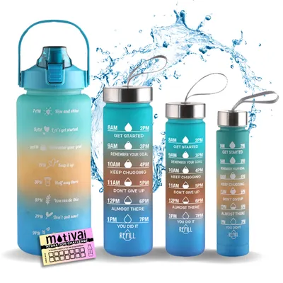 Produktbild von Motivai® 4 in 1 Set - Motivation Water Bottle - Ocean Blue - Mit Stroh - Wasserflasche mit Zeitmarker - BPA frei Mit Motivai® Hydration Challenge