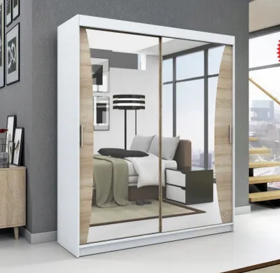 Produktbild von Schwebetürenschrank, 2-türig Schrank mit Spiegel! Moderne Garderobe für Kleidung. Verschiedene Farben (Weiß, Schwarz, Somona) Kleiderschrank NIKO 180 cm
