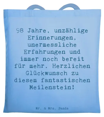 Produktbild von Mr. & Mrs. Panda Tote Bag Spruch 98. Geburtstag - Sky Blue - Geschenk, Ehrentag 98 Jahre, Geburtstagsgeschenk, Laptoptasche, feiern, Geschenkideen für, Alter, Tasche