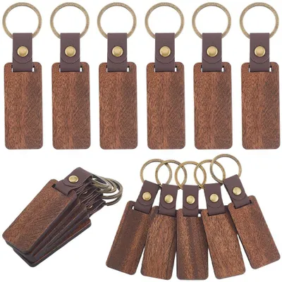 20 Holz Schlüsselanhänger Rohlinge mit Lederband, 64x28 mm, DIY Gravur