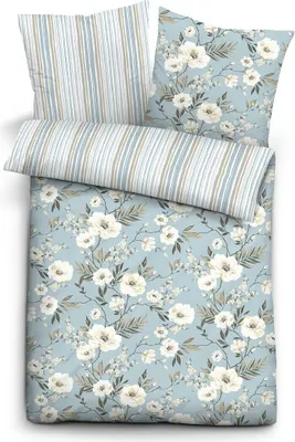 Produktbild von Biberna Baumwoll-Single-Jersey Bettwäsche Blumen und Streifen, Größe 135x200 cm, blau