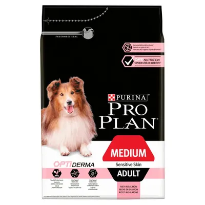 Produktbild von Purina Proplan Hundefutter für mittelgroße, ausgewachsene Hunde mit empfindlicher Haut und Optiderma Lachs