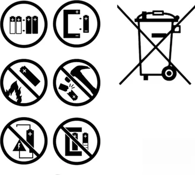 A collection of safety and handling symbols for batteries.