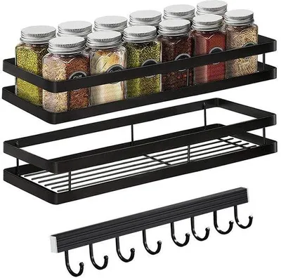 Productafbeelding van Unyqoos® Wandplanken voor keuken en badkamer - 2-delige set, zwart, roestvrij staal, 35 x 12 x 5,7 cm, zonder boren, geschikt voor glazen tot Ø 12 cm