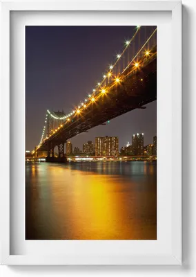 Produktbild von Beleuchtete Brooklyn Bridge in New York– Wandbild mit Rahmen – Gerahmtes Bild  – Wanddekoration – 40x60 cm – Weiß