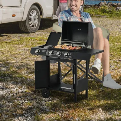 Produktbild von Gasgrill mit 3 Brennern und 1 Seitenbrenner Druckminderer Schläuche Multifunktional BBQ Grillwagen 110x50x100cm Schwarz