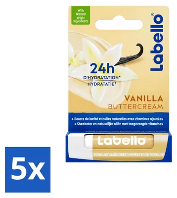 Imagen del producto de 5 bálsamos labiales Labello sabor Vainilla Buttercream - 4,8 g - Paquete económico - 5 unidades