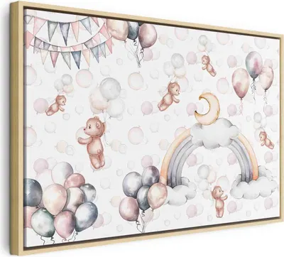 Produktbild von Italienischer Leinwand Leinwandbild - Toy Bears with Balloons - Flying Plush Bears Among Balloons Clouds and Rainbows in Subtle Pastel Hues 120x80 cm Für Kinder e-C-10071-b-a