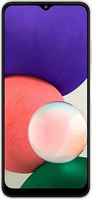 A front view of a white Samsung Galaxy A22 smartphone with a colorful abstract wallpaper.