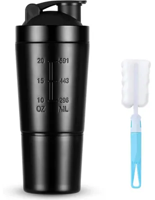 Productafbeelding van RVS eiwitshaker, 700 ml, met 200 ml opslagruimte, zwart, BPA-vrij, lekvrij