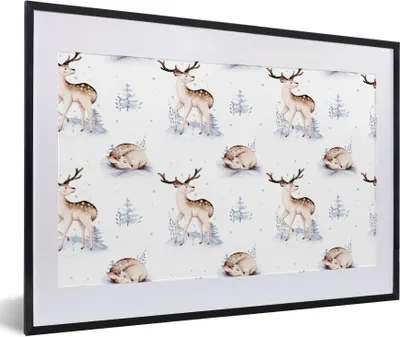 Produktbild von MuchoWow® Gerahmtes Poster Winter - Schnee - Hirsche 60x40 cm - Poster mit Schwarzem Bilderrahmen Wandposter Rahmen Foto Bilder - Schlafzimmer - Plakat in Rahmen - Drucken