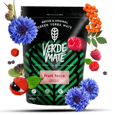 Produktbild von Verde Mate - Mate Tee Fruit Force 500g - Dicke Blätter 5mm, Luftgetrocknet - Starker Wachmacher mit Guarana & Beeren - Mild - Yerba Mate Brasilien