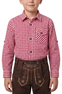 Image de Chemise traditionnel pour enfant, à porter avec des pantalons en cuir traditionnels, style folklorique, motif à carreaux, couleur : rouge, taille : 176