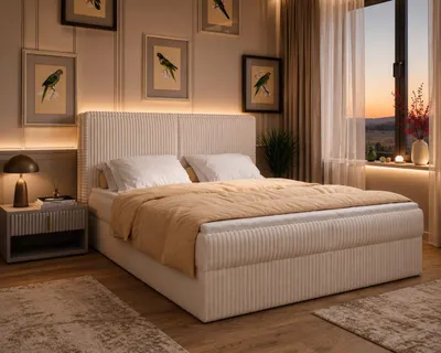 Produktbild von Boxbett 04 - 180 x 200 cm mit Bettkasten und Topper, Polsterbett mit PolyurethanSchaum, gepolstertes Kopfteil mit Ziernähten, Ambience Stoff, Creme