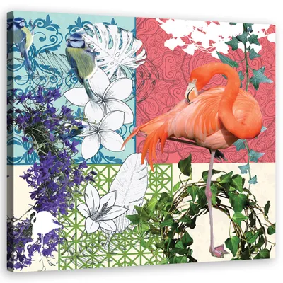 Produktbild von Leinwandbild Flamingo und Vögel Collage 40x40 Feeby Bunt bild für die wand bereit zum aufhängen