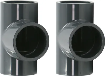 Produktbild von HAF 2x PVC Fittings T-Stück 90° mit 50mm | Klebemuffe x Klebemuffe x Klebemuffe | Verbinder aus grauem PVC-U | PN16 für PVC Rohr und Poolverrohrung