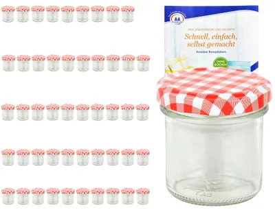 Produktbild von 50er Set Sturzglas 167 ml To 66 rot karierter Deckel incl. Diamant Gelierzauber Rezeptheft