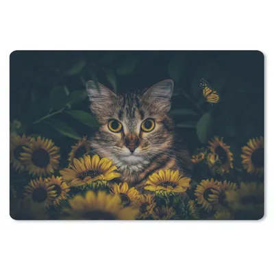 Produktbild von MuchoWow® Schreibtischunterlage Katze - Gelb - Blumen - Botanisch 60x40 cm - XXL Mauspad - Großes Mauspad