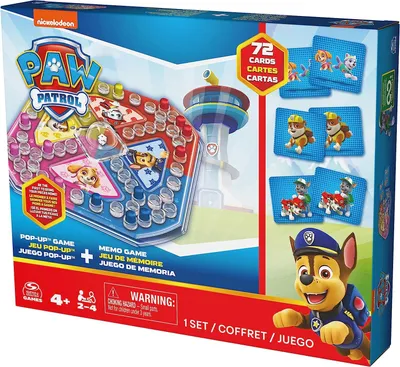 The image shows the packaging of a Paw Patrol 2-in-1 game set, featuring both a pop-up game and a memory game.