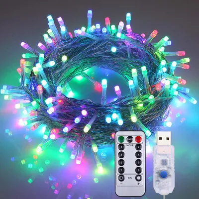 A bundle of colorful LED string lights with a remote control and USB connector.