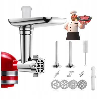 Productafbeelding van Accessoires voor de KitchenAid standmixer:- Vleesmolenaccessoire- 2 worstenvullingen- 1 houder- 4 vleesmolenmesjes- 2 vleesmolenmessen