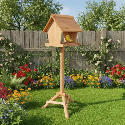 Image de Mangeoire à oiseaux en bois de sapin avec support haut