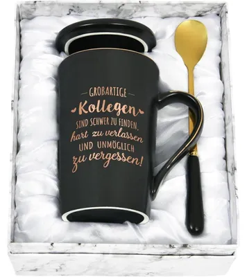 Productafbeelding van Koffiemok als afscheidsgeschenk voor een collega, 400 ml, zwart, met lepel en onderzetter