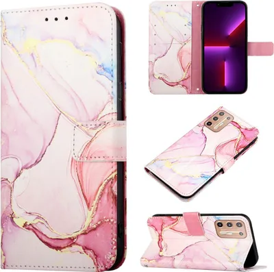 Produktbild von Moto G Stylus 2021 Hülle, Marmor Motiv Kunstleder Tasche Wallet Kartenfächer mit Standfunktion Klapp Schutzhülle für Motorola Moto G Stylus 2021 Pink Weiß