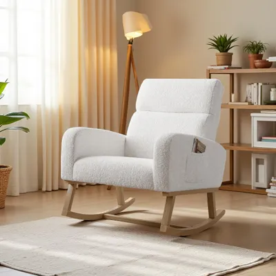Immagine prodotto di Sedia a dondolo Fortuna Lai bianca con tessuto sherpa, gambe in legno massiccio, stile scandinavo