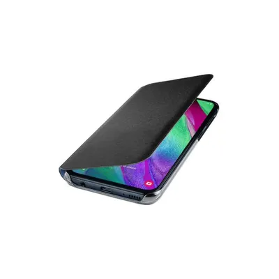A black flip case for a Samsung Galaxy A40 smartphone, shown at an angle with the cover partially open.