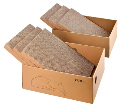 Produktbild von 6 Stück Kratzbretter mit 2 Boxen, 43,5×33,5×15,5 cm Kratzpappe für Katzen aus hochwertigem Karton