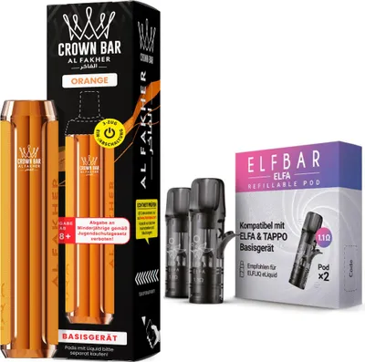 Immagine prodotto di Kit Al Fakher Crown Bar 600 Pod arancione – Mod da 500 mAh con 2 pod vuoti da 1,1 ohm inclusi, USB-C, sistema a pod da 2 ml, DTL e MTL, ricaricabile, liquido non incluso