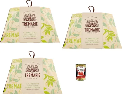 Produktbild von Tre Marie Panettone Tuttu Uvetta 3x 1 kg ohne kandierte Früchte, reich an Sultaninen italienischer Weihnachtskuchen, weich & duftend, lange Teigführung Geschenkverpackung + Italian Gourmet polpa 400g