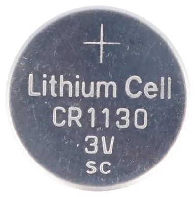 A close-up, top-down view of a single CR1130 lithium coin cell battery.