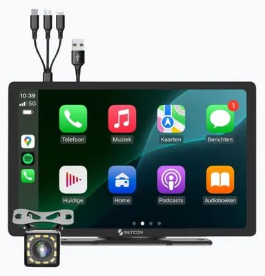 Productafbeelding van Siltcon® Carplay Scherm 9 Inch - Apple Carplay Scherm - Android Auto Scherm - Navigatiesysteem Auto - HD Achteruitrijcamera - Touchscreen - AUX - FM - BT - Universeel - Incl. Oplaadkabels Telefoon - Zwart
