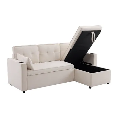 Produktbild von Ecksofa mit Bettfunktion, Stauraum, Zier- und Rückenkissen, L-Form, Leinen, Wohnzimmersofa