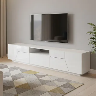 Immagine prodotto di Dmora Mobile Porta tv Animai 43x220x46h cm Bianco Lucido, Apertura Push Pull 3 Vani  Italy