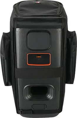 A black protective cover for a speaker, with the speaker partially visible inside.