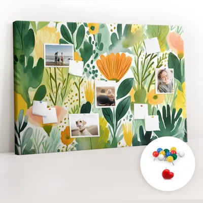 Obrázek produktu pro Korková nástěnka s kolíčky - Tabule s kolíky pro fotografie a poznámky - 120x80 cm - Připínáčky barevné 100 kusů - Akvarelové květiny