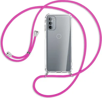Produktbild von Handykette Backcover-Schutzhülle mit Band (Metall silberfarben) für Motorola Moto G31, Moto G41 - hot pink