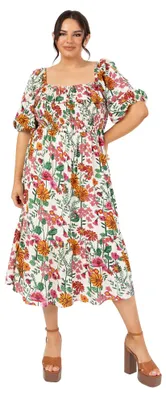 Produktbild von Lovedrobe Damen Midikleid, Kurzarm, Puffärmel, eckiger Ausschnitt, Blumenmuster