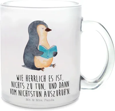 Produktbild von Mr. & Mrs. Panda Pott Pinguin Buch - Transparent - Geschenk, Ferien, Lesen, glastasse, Urlaub, Teetasse, Tee Tasse, Trinkglas, Häferl