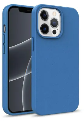 A blue iPhone case is shown in a studio setting.
