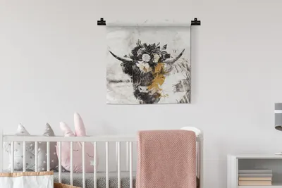 Produktbild von MuchoWow® Wandteppich Wandbehang Schottischer Highlander - Blumen 60x60 cm Tapisserie Dekoration Wandtuch - Dekorationen - Wand Decke