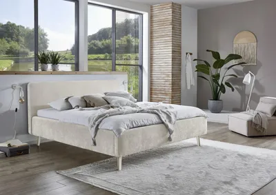 Produktbild von Meise Möbel Polsterbett Mattis 160x200 cm | Doppelbett | Bettgestell | skandinavisches Kopfteil | Strukturstoff Beige | Holzfuß sandfarbig