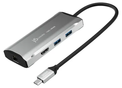 Produktbild von j5create JCD392-N 4K60 Elite USB-C® 10Gbps Travel Dock, Kabelgebunden, USB 3.2 Gen 1 (3.1 Gen 1) Type-C, 100 W, 10,100,1000 Mbit/s, Grau, Space Grey