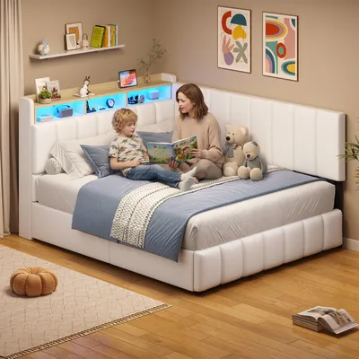 Produktbild von KIMENICH Jugendbett mit LED Beleuchtung, Polsterbett mit Ladestation, Bettgestell mit Bettkasten für Schlafzimmer, Gästezimmer, 140 x 190cm, Polyurethan Weiß