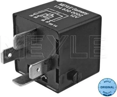 A black automotive relay with silver metal prongs, shown from a slight angle against a white background.